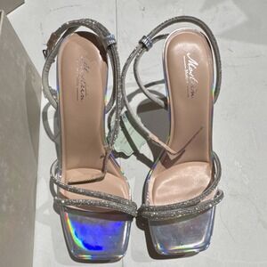 Mostrin Silver Strappy Block Heel Ankle Strap Buckle Synthetic Rhinestone